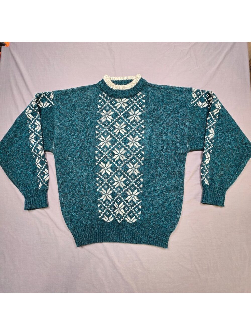 Vintage Large Mens Sweater Teal & White Patterned Knit Grandpa Pullover Hi Neck